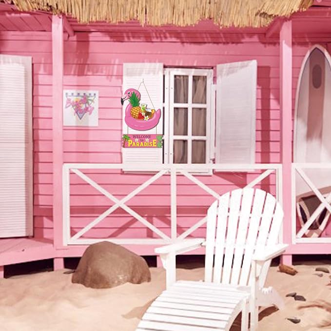 HOURIA Welcome to Paradise Door Sign(16”*11.4”), Pink Flamingo Hawaiian Summer Beach Wall Hanging Sign, Summer Coastal Tropical Fruit Coconut Tree Door Decor for Front Door Porch Pool Yard Beach Bar