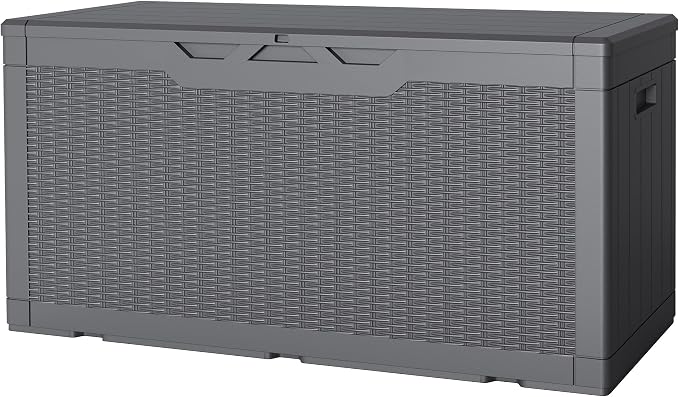 JUMMICO 100 Gallon Resin Deck Box, Waterproof Outdoor Storage Box with Lockable Lid for Garden Tools, Patio Cushions (Gray)