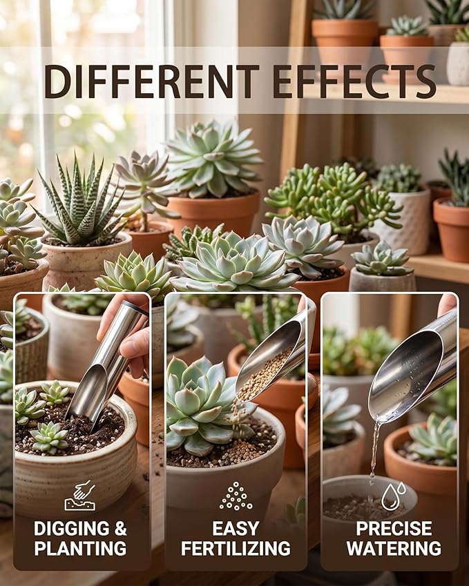 Stainless Steel Soil Scoops - 3-Piece Garden Scoop Set for Indoor Plants, Bonsai & Succulents, Multi-Size Plant Soil Shovel Kit for Transplanting, Potting & Material Handling
