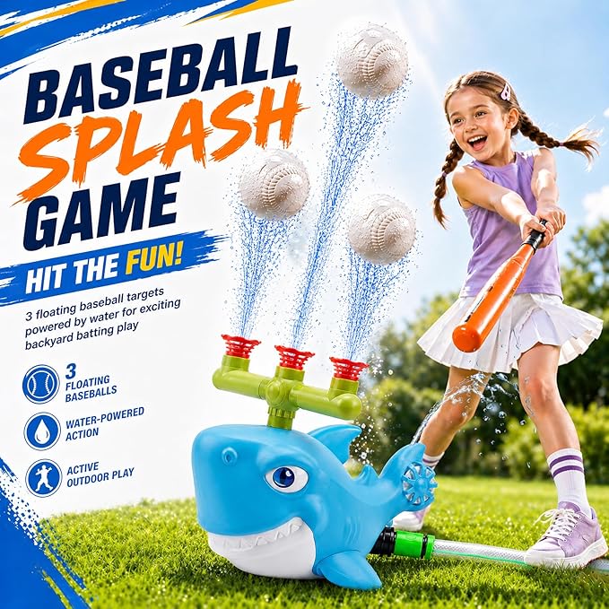 Shark Water Sprinkler Toy for Kids Ages 3-8, 4-in-1 Splash Baseball T Ball Set with Rocket Launcher, 360 Degree Sprinkler and Water Balls, Outdoor Backyard Summer Toy for Boys Girls