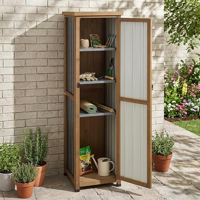 Tall Outdoor Storage Cabinet, Weatherproof Wooden Garden Potting Bench with Metal Top & Adjustable Shelves, Outdoor Patio Cabinets Work Station for Balcony, Pool, Garage