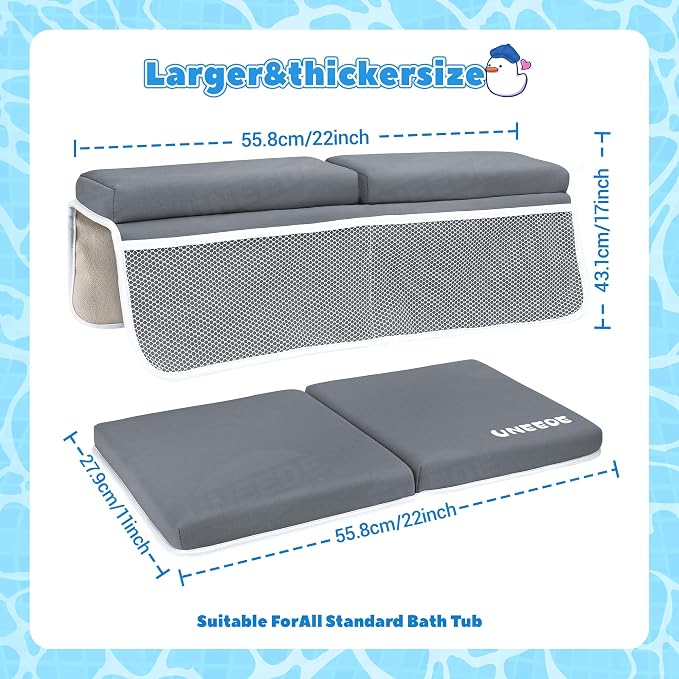 UNEEDE Baby Bath Kneeler and Elbow Rest Pad Set, 1.5” Thick Memory Foam Bath Kneeling Pad with Elbow Support, Bathtub Mat with Toy Organizer for Bathing Infant or Toddler, Grey