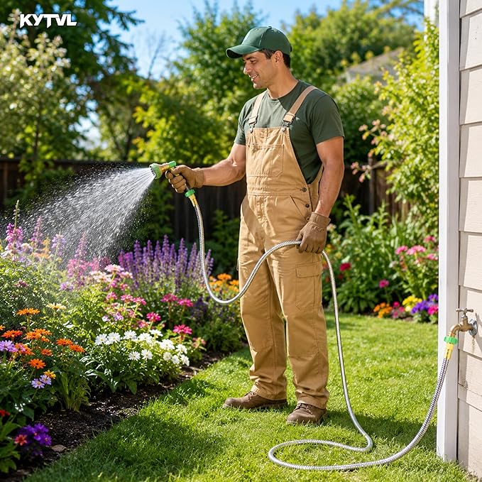 10FT Short Garden Hose Female to Female – Stainless Steel Leader Hose for Hose Reel, Kink-Free Flexible Metal Water Hose, Leakproof Durable Designy for Outdoor Garden, Pet Washing, Car