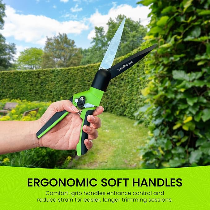 Garden Guru Hand Grass Clipper Scissors – Rotating Cutter Head with Safety Lock – Rust Proof High Carbon Steel Blades – Soft Comfort Grip Handles – Perfect for Lawn Edging, Shrubs, Flowers (2 Pack)