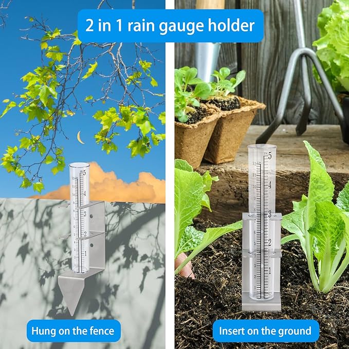 Rain Gauge,Rain Gauges Outdoors Best Rated with Stainless Steel Mounting Rack Holder,Freeze Proof Plastic Replacement Tube,Large Numbers,Rain Measure Gauge for Yard Garden Fence Lawn Patio Farm(5")
