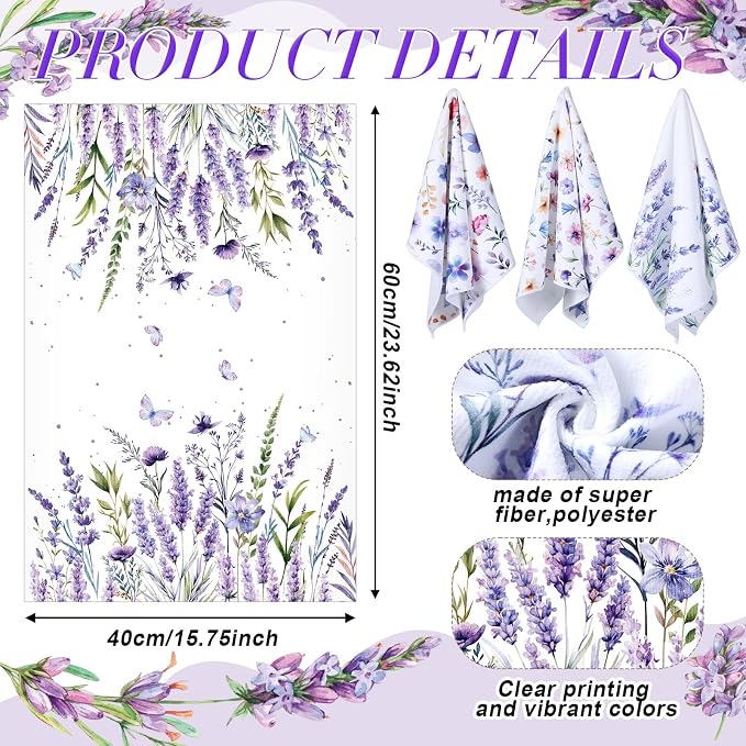 Oudain 6 Pcs Lavender Summer Kitchen Towel Set Decor Purple Floral Hand Dish Towels Decorative 18x24 Inch Wildflower Butterfly Tea Cloths for Housewife Gift Summer Holiday Bathroom Kitchen Accessories