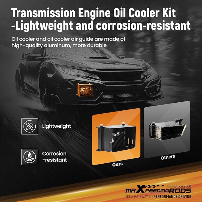 maXpeedingrods 25 Row Engine Oil Cooler Kit, 10AN Transmission Engine Cooler British Radiator Universal Aluminium Black, Thermostatic Oil Filter Sandwich Adapter, Air Guide Kit and Oil Cooler Hoses