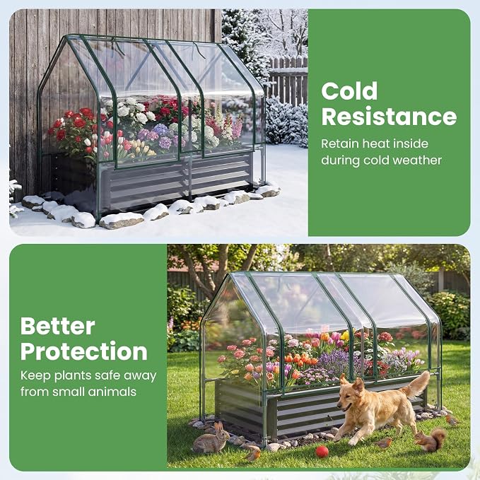 Giantex 4x2x3 FT Galvanized Raised Garden Bed with Greenhouse Cover, Outdoor Elevated Metal Planter Box w/Dual Roll-up Windows, Mini Greenhouse for Patio Balcony Vegetables Herbs Flowers (Black)