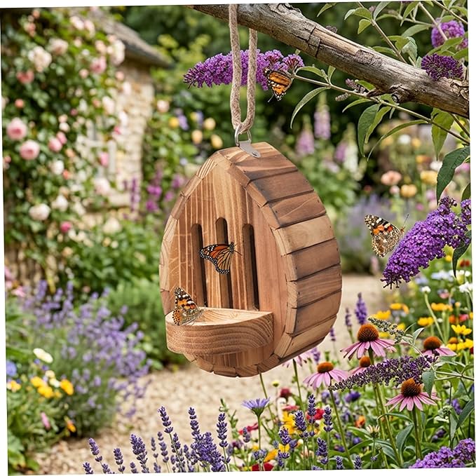 Butterfly House for Outside, Wooden Butterfly Habitat & Feeder for Butterflies, Moths and Lacewings, Hanging Butterfly Houses for the Garden, Teardrop Nesting Box Garden Decor with Rope (1pcs)
