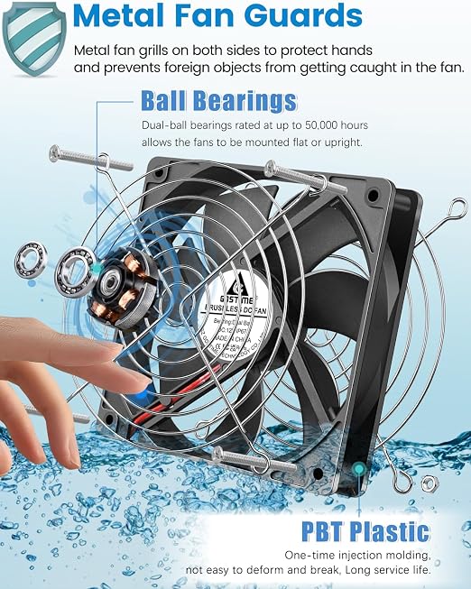 GDSTIME 120mm x 25mm Waterproof Fan, 24V DC IP67 Rating High Speed Dual Ball Bearing Brushless Computer Case Cooling Fans 2-Pin for RV Fridge, DIY Ventilation Exhaust Projects, 2-Pack