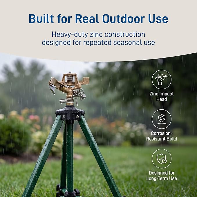 Orbit Tripod Lawn Zinc Impact Sprinkler - 360 Degree Rotating Yard Sprinkler with Adjustable Height - Heavy-Duty Zinc - High-Pressure Nozzle - for Large Lawn Coverage - 56667
