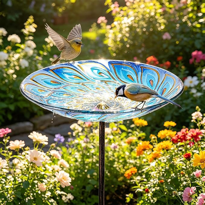 MUMTOP Glass Bird Bath, Garden Outdoor Birdbaths Birdfeeder with Metal Stake Peacock
