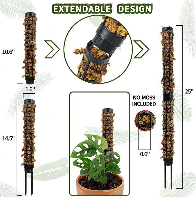 Small Moss Pole for Monstera - Stackable & Refillable Plastic Moss Poles for Climbing Plants with Large Mesh Design (4Pack-Black-Small)