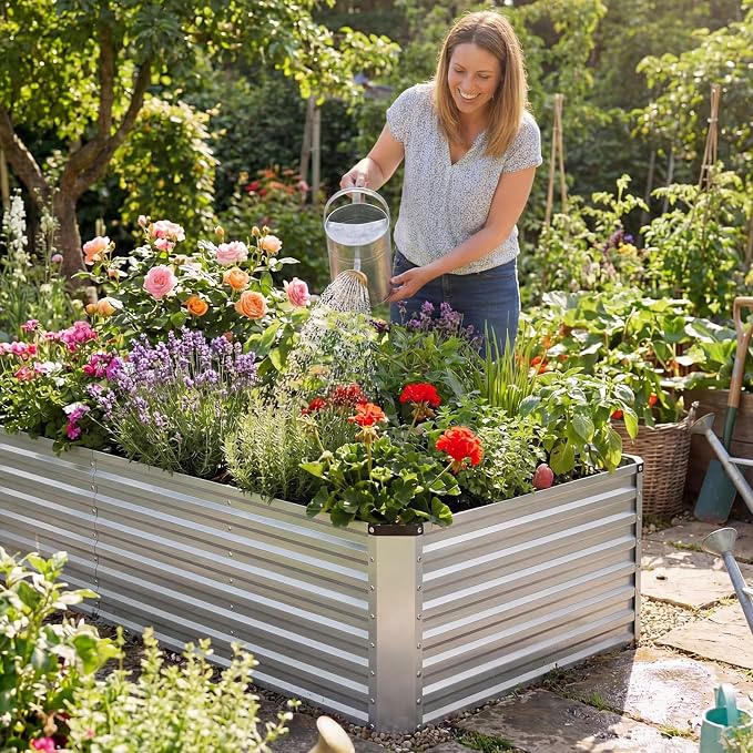 DUMOS Galvanized Raised Garden Bed Outdoor, 8x4x2ft Raised Metal Planter Box, Rust-Resistant Steel Garden Planter, Rectangular Gardening Flower Bed for Vegetables Flowers Herbs, Open Bottom