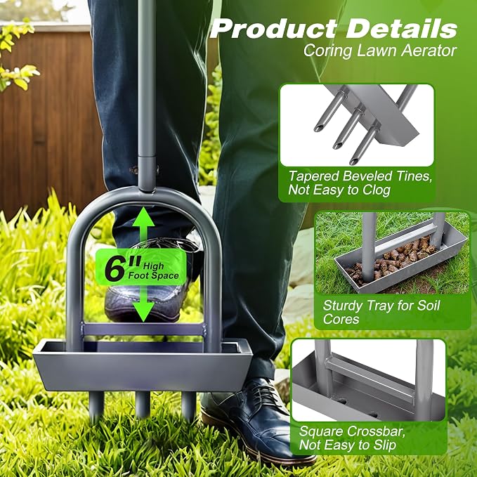 Walensee Lawn Aerator Coring Tool with Soil Core Storage Tray, 38.2" Manual Yard Plug Aerator with 3 Tines, Grass Aeration Gardening Tool with Cleaning Tool for Lawn Care and Compacted Soil