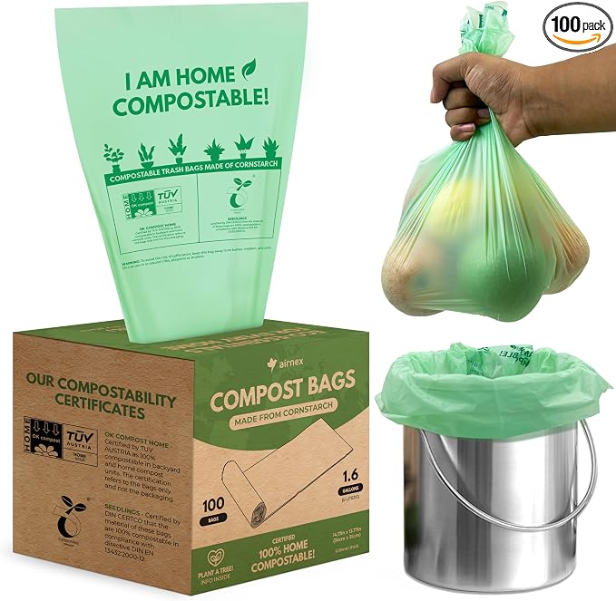 AIRNEX Small Compost Bags 1.6 Gal - 100 Compostable Kitchen Trash Bags for Countertop Bin - Cornstarch Leakproof & Tear-Resistant - OK Compost Home & Seedling Certified 0.18 mm Kitchen Garbage Bags