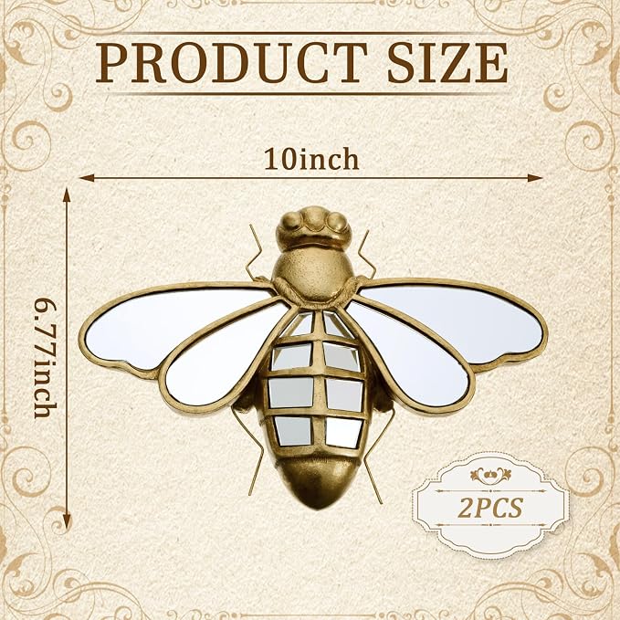 Sliner 2 Pcs Bee Mirror Wall Decor, Gold Resin Aesthetic Insect Wall Art, Vintage Decorative Bug Animal Glass Mirrors for European Themed Home Nursery Garden, Elegant Nature Gift for Summer Wedding
