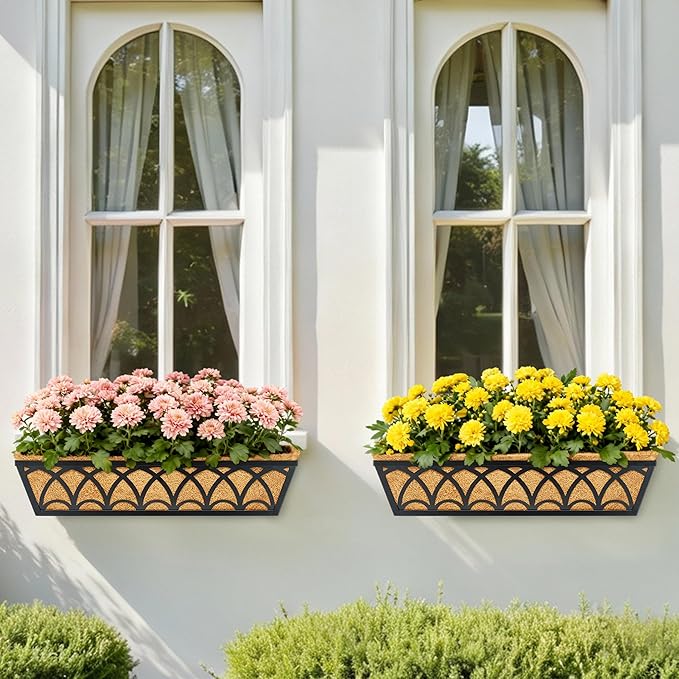 24 Inch Railing Planter Box Window Boxes Planters - 4 Pack Deck Railing Planter Boxes with Adjustable Brackets Coco Liners Balcony Planters Railing Hanging for Window Flower Boxes Outdoor Garden Decor