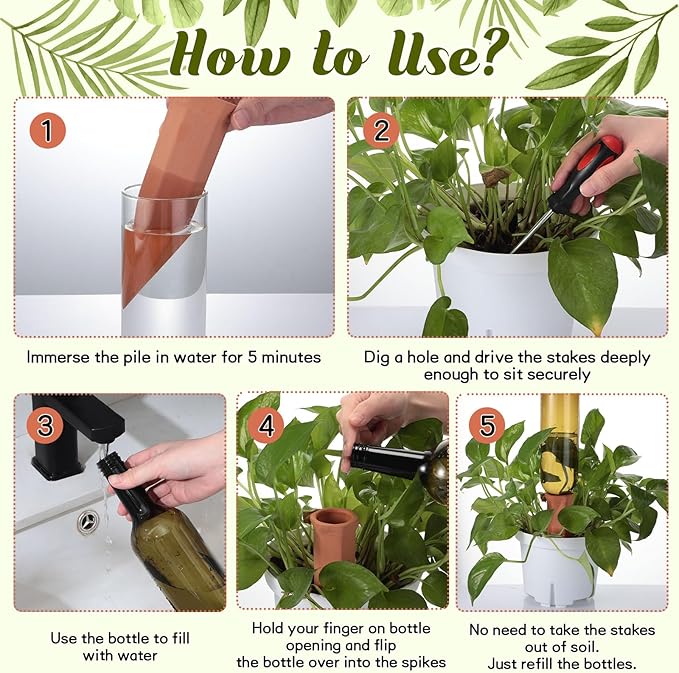 SiliFine 3 Sets Plant Watering Devices Include Terracotta Self Watering Spikes and 26 oz Plastic Bottles, Slow Release Vacation Insert Automatic Plant Waterer Device (Dark Green and Terracotta)