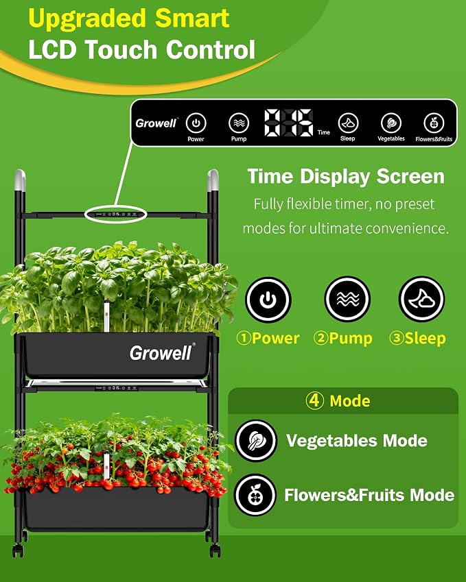 Growell Large Hydroponics Growing System Kit, 54 Pods Vertical Indoor Herb Garden Kit with LED Grow Light & Independent Water Pump, 28L Movable Indoor Planter Perfect Gardening Gifts (2 Tier-Black)