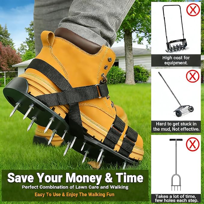 Lawn Aerator Shoes with 2.2'' Heavy Duty Spikes & Metal Shovel & Garden Gloves, Adjustable Hook & Loop Straps, One Size Fits All, Epoxy Shoes for Yard Garden Soil Aeration Tool