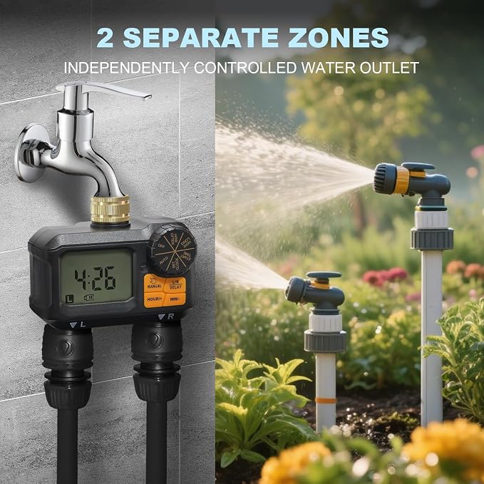 ANDOLL HOME Water Timer for Garden Hose - 2 Zone Timed Sprinkler with Rain Delay/Manual Watering/Automatic Irrigation Programmable Faucet Timer for Yard Lawn (1, Matte-Black)