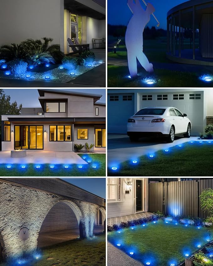 btfarm 4 Pack Solar Lights Outdoor, 8 LED Solar Ground Lights IP65 Waterproof Flat Solar Disc Light, Pathway Lights for Garden Lawn Patio Yard Path Landscape, Blue