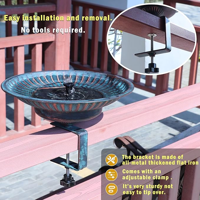 Solar Bird Bath,Deck Bird Bath with Solar Fountain,Metal Bird Bath Bubbler,Adjustable Sturdy Balcony Bird Bath,Patio Garden Decor