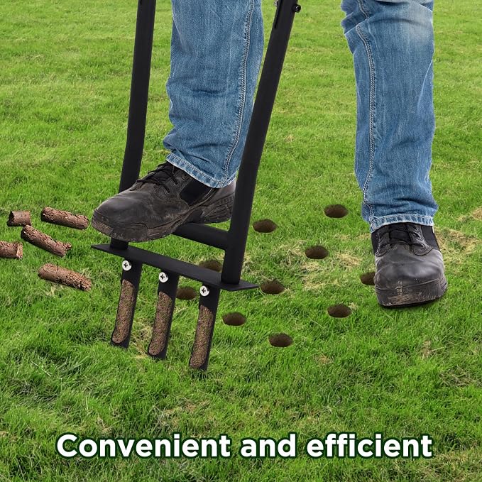Manual Lawn Coring Aerator Tool with 3 Replaceable Hollow Tines, U-Shaped Non-Slip Handle & Foot Pedal for Garden and Yard Aeration