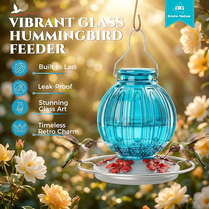 Glass Hummingbird Feeder for Outdoors Hanging, 26Oz Bird Nectar Feeder with Perch & 5 Flower Feeding Ports, Leak Proof for Outside Garden Decor Backyard, Gifts for Women Mom, Blue
