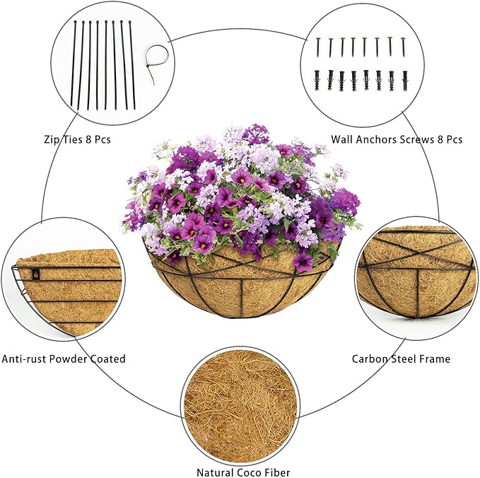 4 Pack 14 Inch Window Boxes Planters Railing Planter Box with Coco Liners Deck Railing Planter Boxes Balcony Hanging Flower Box Wall Mounted Half Round for Outdoor Plants Garden Decor