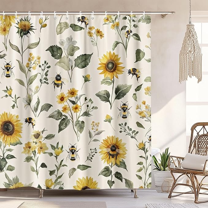 Rustic Boho Sunflowers Bee Shower Curtain, Vintage Chic Country Floral Botanical Floral Plant Farmhouse Cottagecore Aesthetic Shower Curtain Set with Hook, Beige Yellow Bath Curtain 72X78 Inch
