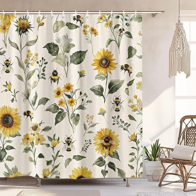 Rustic Boho Sunflowers Bee Shower Curtain, Vintage Chic Country Floral Botanical Floral Plant Farmhouse Cottagecore Aesthetic Shower Curtain Set with Hook, Beige Yellow Bath Curtain 72X84 Inch
