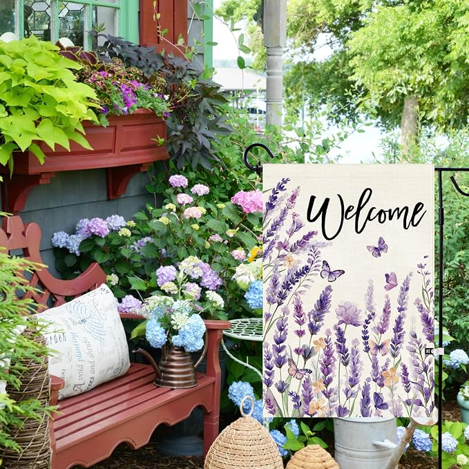 Baccessor Spring Lavender Welcome Garden Flag 12.5 x 18 Inch Double Sided Purple Floral Flower Butterfly Farmhouse Small Burlap Yard Flag Holiday Seasonal Outdoor Outside Decoration