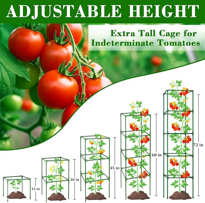 ZeeDix 6 Pack Heavy Duty Tomato Cages, 72 Inches Square Adjustable Tomato Trellis with 40Pcs Clips, Extra Tall Plant Support Stakes for Climbing Vegetables, Flowers, Raised Garden Bed & Pots