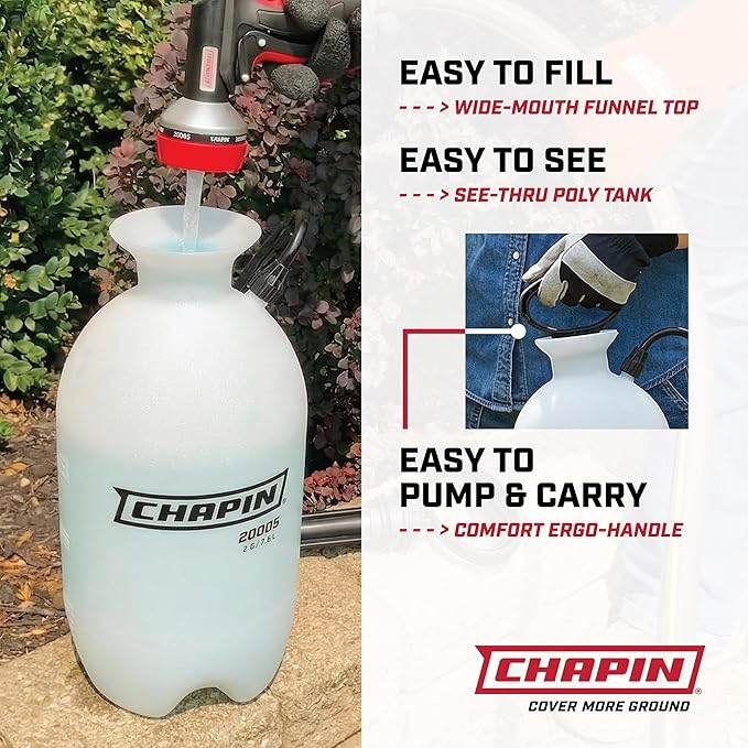 Chapin 20006 Pump Sprayer, 3‑Gallon, Lawn & Garden, Translucent Poly Tank, Funnel‑Top, SureSpray, Adjustable Cone Nozzle & 34" Hose for Fertilizer, Weed & Pest Application