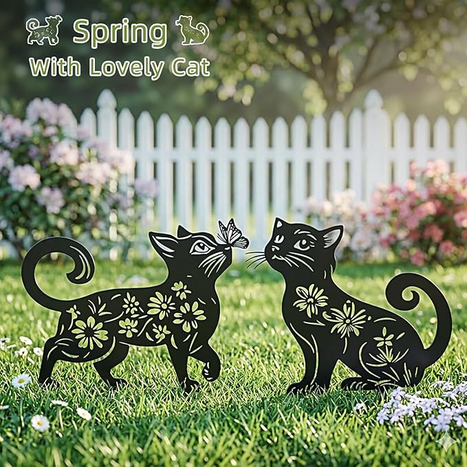 Metal Cat Garden Decor for Outside (2 Pack), 14 Inch Yard Art Stakes,Unique Cat Gifts for Kitty Lovers, Outdoor Lawn Statues and Weather Resistant Yard Art