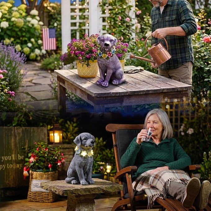 Solar Dog Garden Decor - Resin Dog Decor with Flowers LED Lights Garden Statue Yard Lawn Decor - Ideal Dog Gifts for Mom Women（Gray）