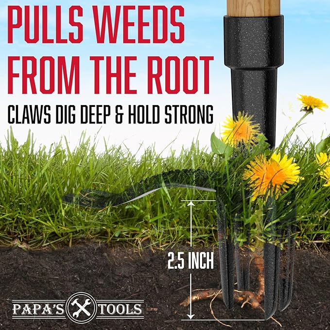 Papa's Tools One-Piece Weed Puller Tool, Stand Up Weeder with Heavy Duty Solid Bamboo Handle, Ultra-Durable 4-Claw Steel Head, 43.5” Fully Assembled Long Handle Weed Remover for Lawn & Garden