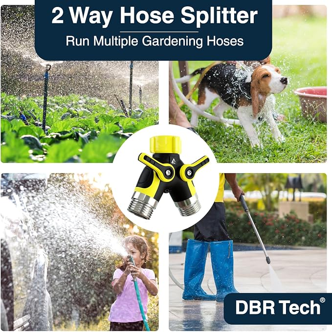 DBR Tech® Hose Splitter 2 Way, Heavy Duty Metal Connector, Two Way Garden Hose Splitter, High Flow Spigot Faucet Bib Adapter, Solid Double Y Shut Off Valve for Outdoor Gardening Hoses, Yellow