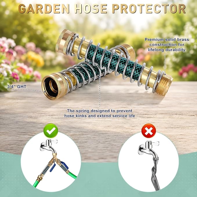 Dalmbox Garden Hose Splitter 2 Way With Long Handle, Garden Hose Adapter with 2 Pcs Garden Hose Coiled Spring Protectors and 6 Rubber Washers