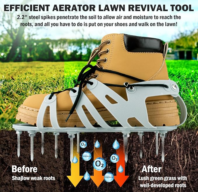 Lawn Aerator Shoes - Wrap Around Lacing Design Spiked Shoes for Lawn Aerator, Flexible Bendable Sole Walk Freely One Size Fits All, Grass Aeration Spikes Tools