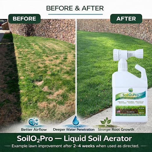 Liquid Soil Aerator & Oxygen-Active Biostimulant - Revitalizes Hard Compacted Clay Soil - 32 oz Hose-End Sprayer, No Mixing Required (Covers 3,000 sq. ft.)