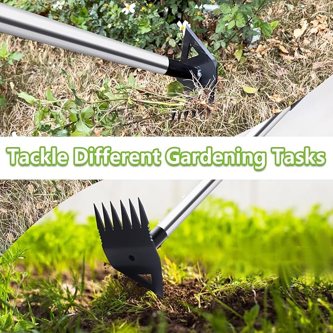 Weed Puller Tool with Long Handle, Hoe Garden Tool Weeding Rake Combo for Uprooting, Garden Hoe, Weed Remover Manual Hand Weeder for Yard Flower Bed(Black)