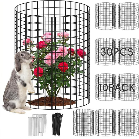 10 Packs Plant Protectors from Animals, 30Pcs 12"x 16" Large Metal Wire Mesh Garden Plant Cages for Outdoor Gardening, Chicken Wire Cloche Plant Cages for Rabbits with Zip Ties & Stakes(Black)