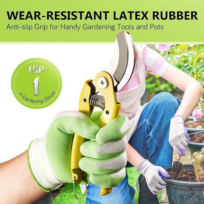COOLJOB 6 Pairs Gardening Gloves for Women Ladies, Breathable Rubber Coated for Yard Garden, Outdoor Indoor Protective Work, Large, Lavender Purple & Apple Green