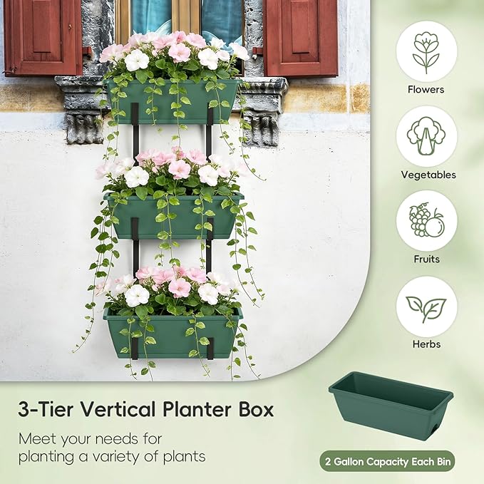 OYEAL Window Boxes Planters Deck Railing Planter Boxes with Adjustable Brackets & Rectangular Flower Pots Rectangular Herb Planter for Garden Fence, Patio, Balcony Decor Green