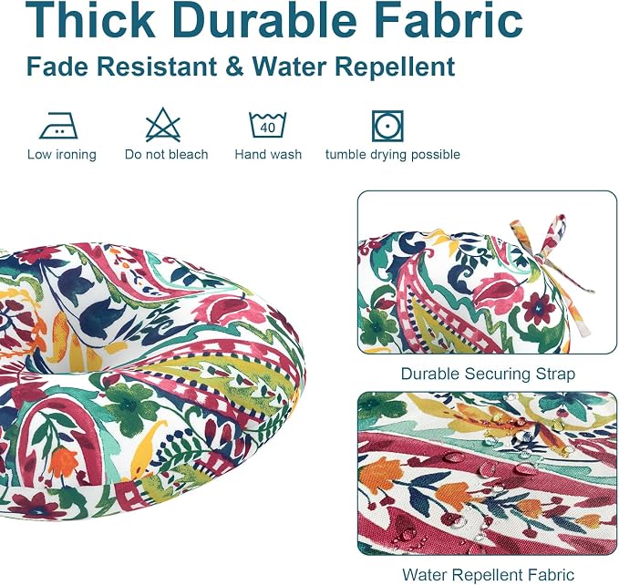 DYTXIII Set of 2 Outdoor Round Chair Cushions 15"x15"x4" with Ties, Water Repellent Tufted Bistro Seat Cushions, Thick Patio Chair Pads for Bar Stool, Garden & Dining Furniture - Vigour Paisley
