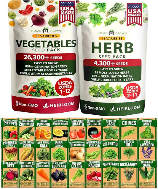 HOME GROWN 70 Variety Vegetable & Herb Seeds 30,600+ USA Non-GMO Heirloom Survival Seeds Garden Kit for Spring, Fall, Winter Indoor & Outdoor Planting Starter Set for Home Gardeners & Preppers