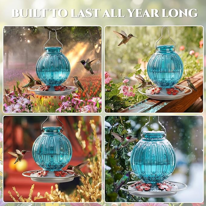 2 Pack Glass Hummingbird Feeder for Outdoors Hanging, Bird Nectar Feeder with Perch & 5 Flower Feeding Ports, 26 Oz Leak Proof for Outside Garden Decor Backyard, Gifts for Women Mom, Red + Blue